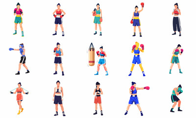Flat Illustration Various Poses Boxing Woman Professional Sport Athlete Character