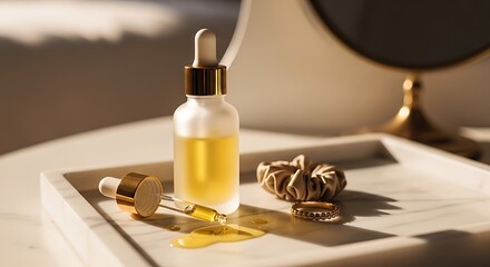 Golden hour skincare oil. natural serum dropper bottle on marble tray