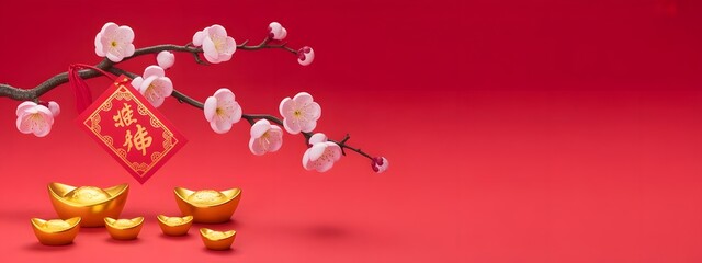 Traditional chinese new year decorations featuring plum blossoms and gold ingots on a red background