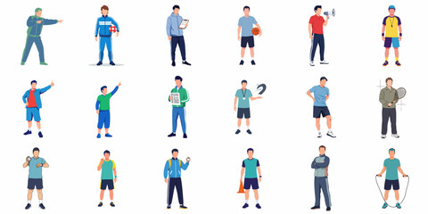 Flat Illustration Set of Coach Character in Different Activity Sport