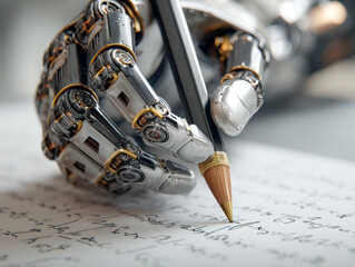 Futuristic robotic hand holding a pencil and writing intricate text on paper with metallic and mechanical details in a high-tech environment