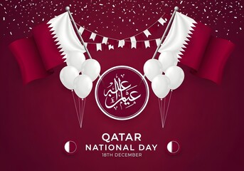 Qatar national day celebration with flags balloons and arabic calligraphy