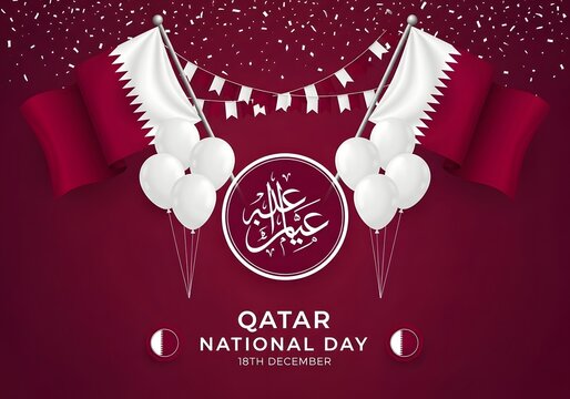 Qatar national day celebration with flags balloons and arabic calligraphy - Powered by Adobe