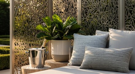 美しい装飾が施された屋外ラウンジで、静かにリラックスできる空間