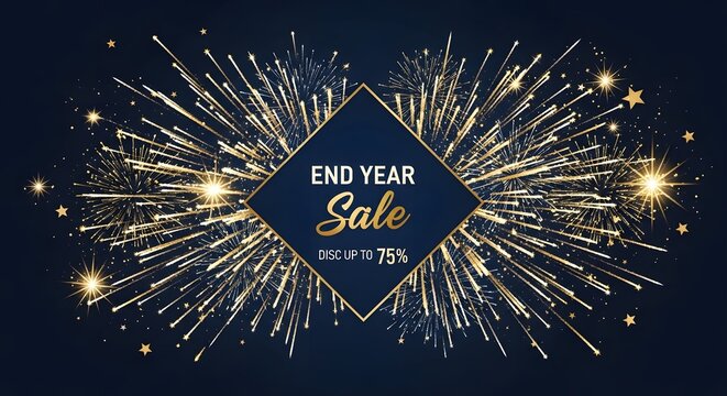 Sparkling golden fireworks display celebrating end of year sale with festive diamond shaped banner