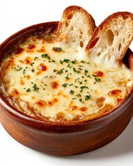 A French onion soup served in a rustic bowl, topped with melted cheese and crusty bread