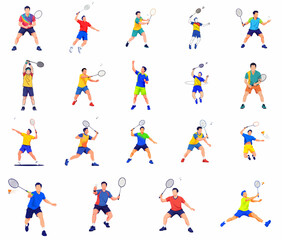 Isometric Detailed Male Badminton Player Action Pose Set Illustration