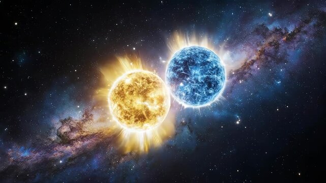 Cosmic Collision - A Binary Star Systems Fiery Embrace in Deep Space.