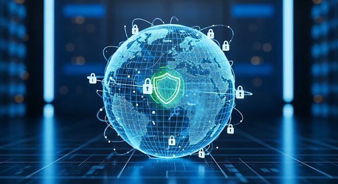 Global cybersecurity: secure digital network with data protection shield