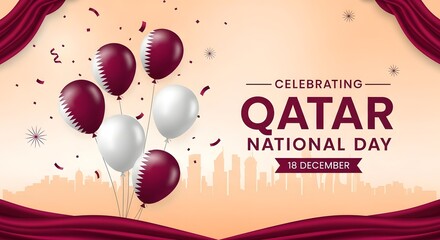 Qatar national day celebration with maroon and white balloons and confetti