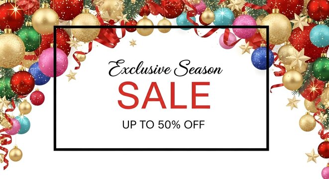 Festive christmas sale announcement with ornaments and up to 50 percent off discount
