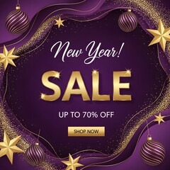 New year sale up to 70 percent off with golden stars and ornaments on purple background