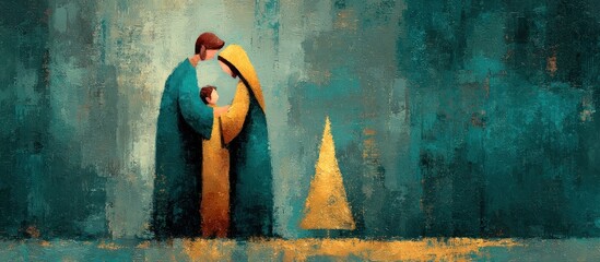Abstract painting of a family with a gold tree. Textured teal and yellow hues