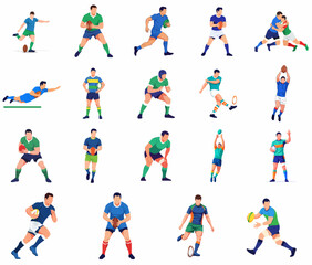 Flat Cartoon Rugby Player Set in Action Sport Character Illustration