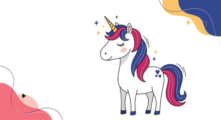 Naklejka premium Magical white unicorn with a colorful mane and golden horn standing against a white background with abstract decorative shapes.