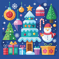 Christmas festive season with ornaments, gifts, snowman, and tree. christmas