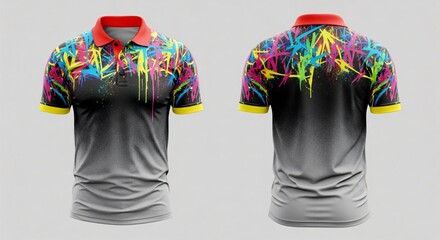 Realistic men's polo shirt mockup featuring tropical Bird of Paradise flower and leaf print with a bright yellow green gradient back.