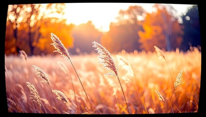 A field of tall grasses and reeds bathed in the warm golden light of the setting sun, with trees in the background.