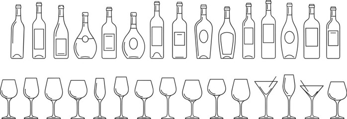 Vector line art set of diverse wine, cocktail, champagne, and liquor glasses and bottles, perfect for bar menus, restaurant design, and beverage industry graphics.