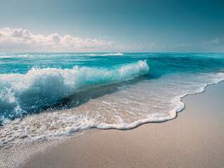Gentle waves rolling onto a pristine sandy beach under a clear blue sky with soft white clouds on a bright sunny day by the ocean shore