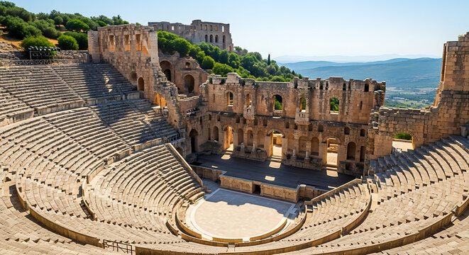 Ancient roman amphitheater ruins with stone seating and stage, surrounded by green hills under a clear sky