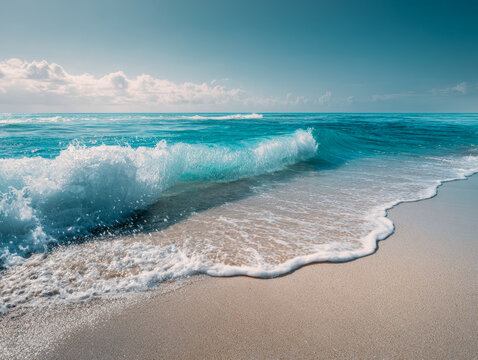 Gentle waves rolling onto a pristine sandy beach under a clear blue sky with soft white clouds on a bright sunny day by the ocean shore - Powered by Adobe