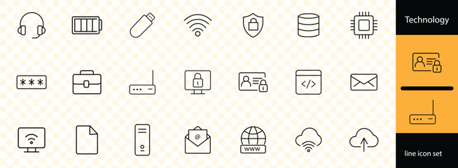 Technology icon set. Containing factory, 5g, ai, robotics, cloud, automation, iot, communication, programming and more. Editable stroke. Vector illustration