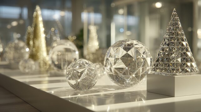 Elegant Display of Crystal Decorative Pieces Featuring Geometric Shapes and Luminous Reflections in a Modern Interior Environment - Powered by Adobe