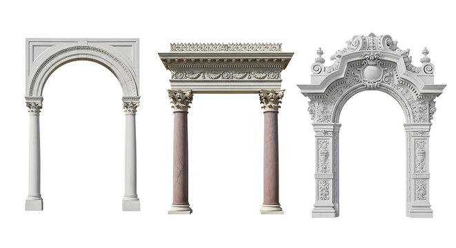 Three ornate architectural arches with decorative columns, showcasing various historical styles, isolated on white background