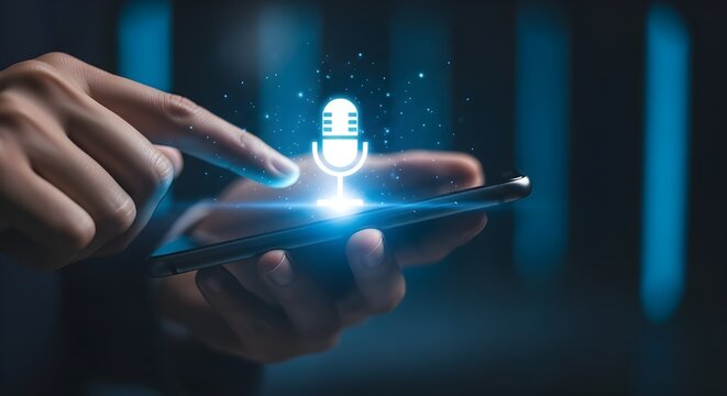 Activating voice assistant on smartphone with holographic microphone icon display - Powered by Adobe