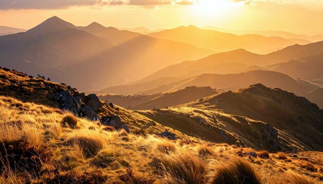A breathtaking landscape view of layered mountain ranges bathed in the warm, golden light of a sunset, with dry, golden grass in the foreground.