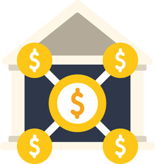 This vector illustration shows a bank building surrounded by dollar coins, representing concepts like investment, finance, and the importance of money