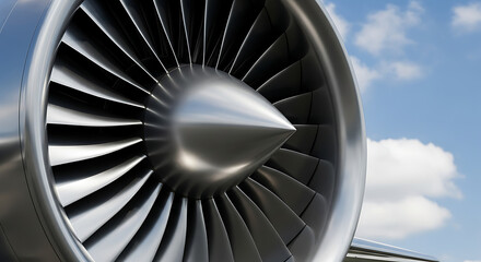 Aviation technology concept showing the intricate blades of a modern commercial jet engine