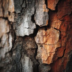 A closeup shot reveals the intricate details of tree bark, showcasing its rough texture, earthy tones, and natural patterns, creating a captivating abstract composition
