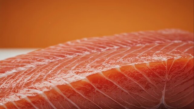 Close up view of fresh salmon fillet on a yellow background. Restaurant seafood ingredient. Healthy food cooking concept.