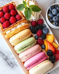 A French dessert spread with macarons in pastel colors, Eclairs, and a colorful fruit tart