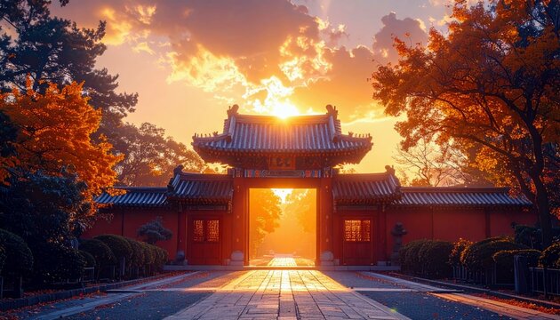 A vibrant sunset bathes a traditional Chinese temple gate and surrounding autumn foliage in warm golden light, creating a serene and picturesque scene.