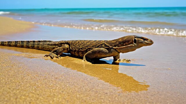 A monitor lizard crawls from the surf onto a sandy beach under a clear sky