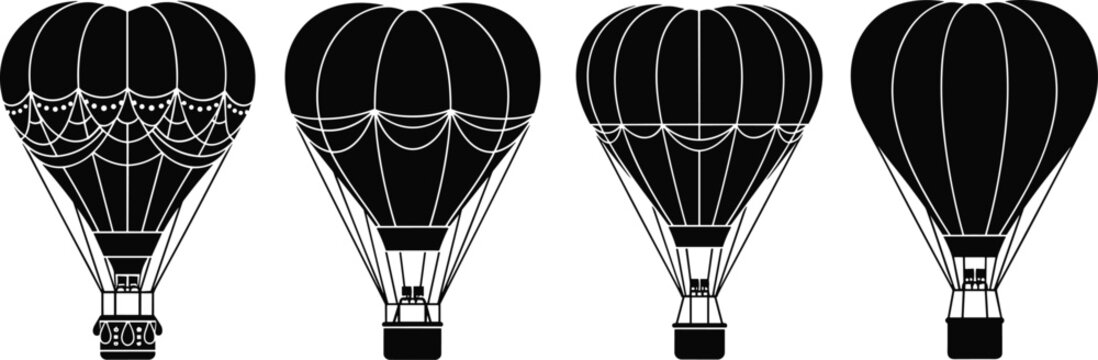 Set of four hot air balloon silhouettes in various styles, including heart-shaped and classic designs, vector isolated for travel, adventure, and freedom concepts.