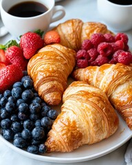 A French breakfast spread featuring buttery croissants, fresh fruit, and a steaming cup of coffee