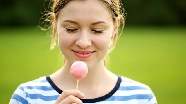 Young Woman Enjoys a Pink Lollipop Outdoors on a Sunny Day.