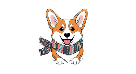 Extremely cute and happy corgi dog with a joyful expression wearing a colorful patterned winter scarf on a white background.