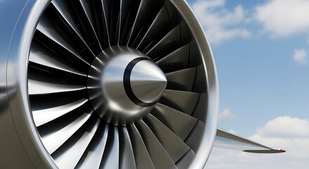 Close-up Shot of Airplane Engine Turbine Blades Reflecting Sky Travel and Engineering