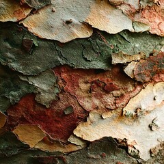 Closeup of the textured bark of a tree, showcasing a mosaic of colors and patterns formed by layers of peeling and weathered material, creating a natural abstract