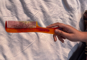 Woman hand pulling her hair fall from a comb wooden comb after hair combing. Closeup focused hairbrush with hair signs of Alopecia and hairfall among women 