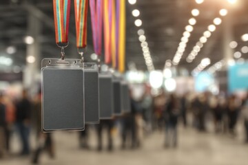 Blank badges hanging from colorful ribbons ready for an event with many participants in a lively venue