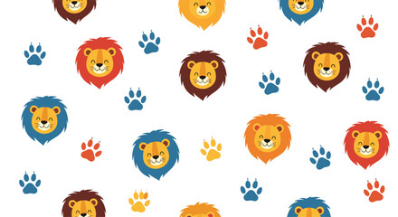 Obraz premium Playful and seamless kids pattern with colorful cartoon lion heads and animal paw prints on a clean white background.