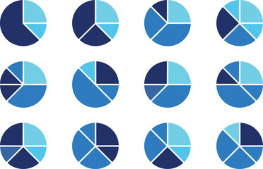 Vector set of blue pie chart icons in various segmented options, symbolizing data analysis, business statistics, percentage share, and infographic elements.