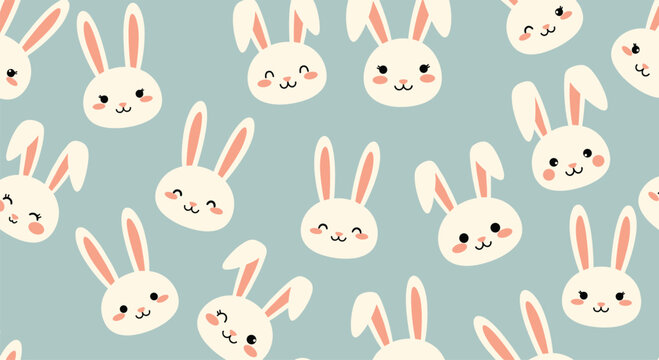 Adorable seamless background pattern featuring cute and happy white bunny rabbit faces on a soft light blue backdrop.