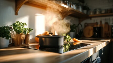 A farmhouse-style kitchen with wooden beams, fresh herbs, and a pot simmering on the stove